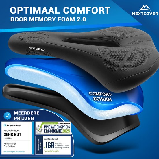 NEXTCOVER® Fietszadel MountainBike met Memory Foam 3.0 - Het origineel - Ergonomisch Fietszadel Dames of Fietszadel Heren met Memory Foam 3.0 voor maximaal Rijcomfort - Fiets Zadel comfortabel zacht