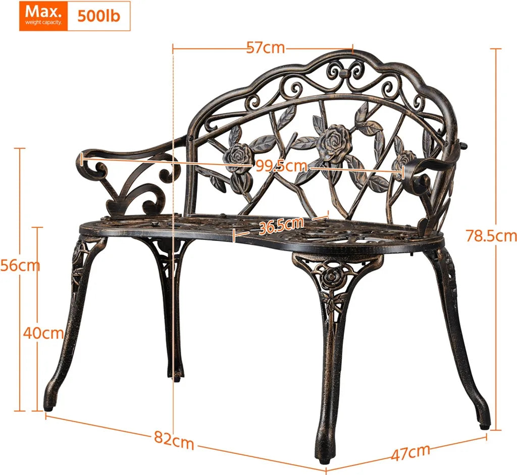 Yaheetech Tuinbank 99,5 x 57 x 78,5 cm - Brons - Vintage Metalen Tuinbank met Rozenpatroon
