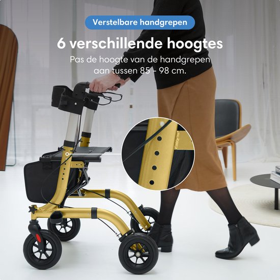 Safe Life® Rollator lichtgewicht en opvouwbaar - zitfunctie - voor binnen en buiten - Rugleuning en wandelstok houder - Goud