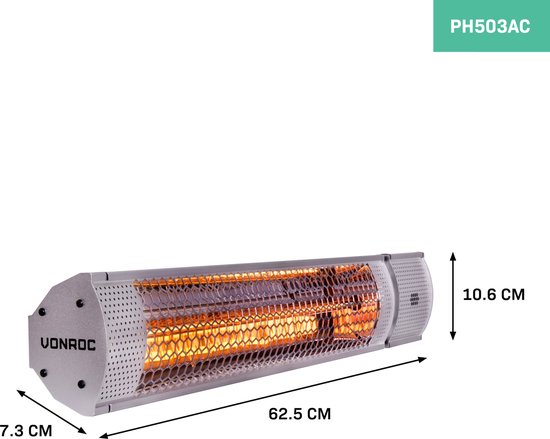 VONROC Sfeervolle terrasverwarmer – Marsili 2000W – Hoog rendement – Zilver - Low Glare lamp – 2 Warmteniveaus – Met afstandsbediening