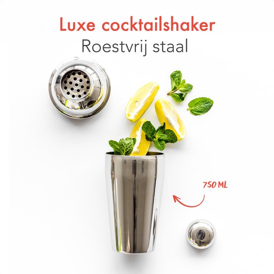KitchenBrothers Cocktail Set - 25 delig - Inclusief Cocktail Shaker (750ml) - Compleet voor Cocktailbar - Donkerbruin/Bamboe - Cocktailset - BPA-Vrij - Met Receptenboekje - Cadeauverpakking