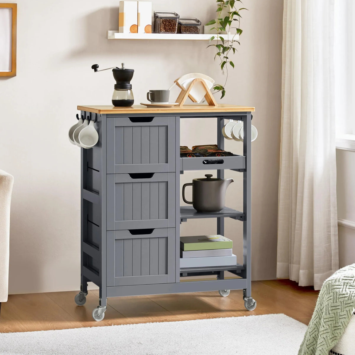 Yaheetech Keukentrolley met 3 Lades en Wielen - 67 x 37 x 84,5 cm - Donkergrijs