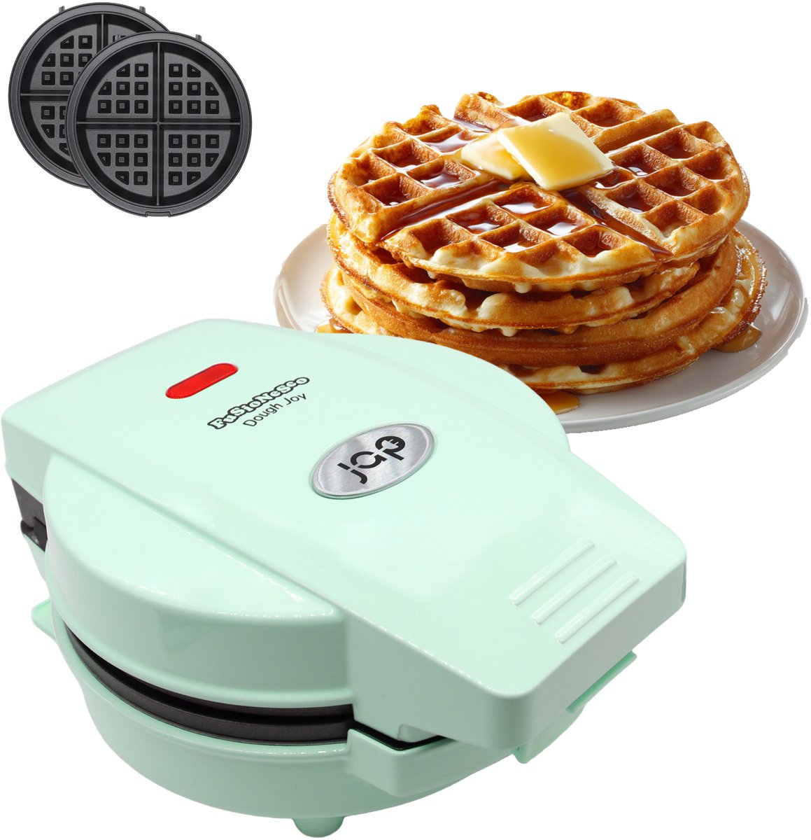 JAP Appliances DoughJoy Wafelijzer 22,2 x 16,8 x 10,5 cm – 600 W – Rond 16 x 16 cm – Verwisselbare Platen – Groen