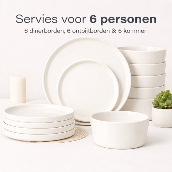 Luft Serviesset 6 Persoons - Restaurant Bordenset - Kommen - Eetborden - Modern - Massief Aardewerk, Keramiek - Creme/beige/wit - 18 delig