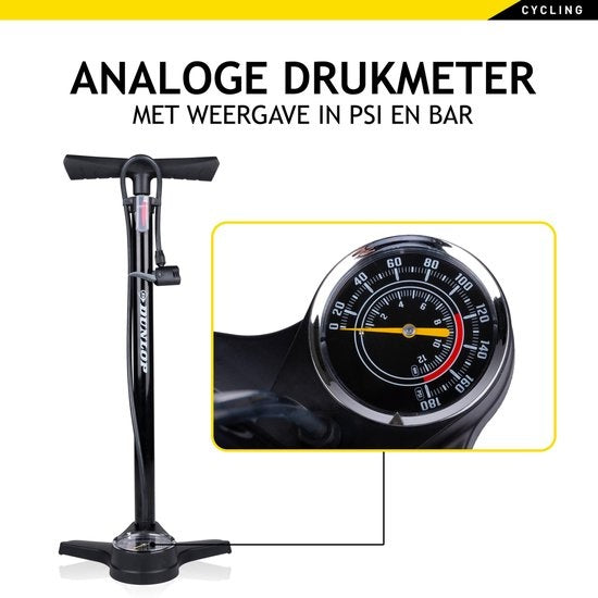 Dunlop Fietspomp met Drukmeter - Dubbel Ventiel - Hollands Ventiel/ Frans Ventiel/ Autoventiel