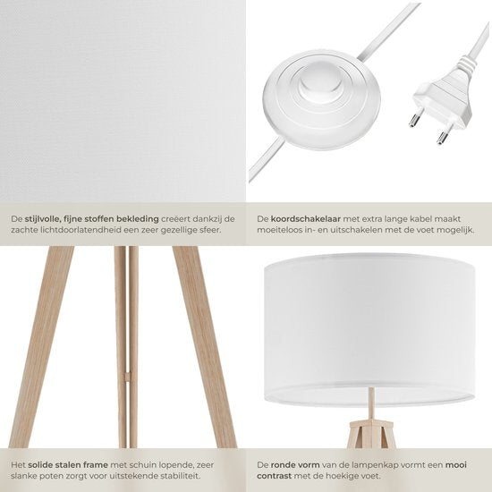 tectake Lunaris Vloerlamp – Driepoot – Linnenlook Lampenkap – E27 – 158 cm