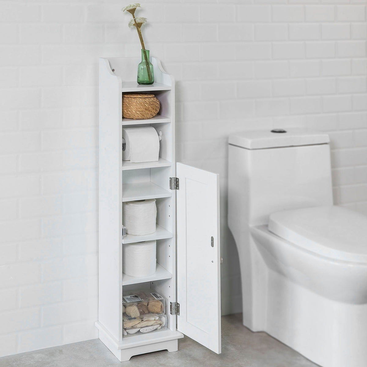 SoBuy Toiletkast met WC-Rolhouder - Wit - 20x100x18 cm