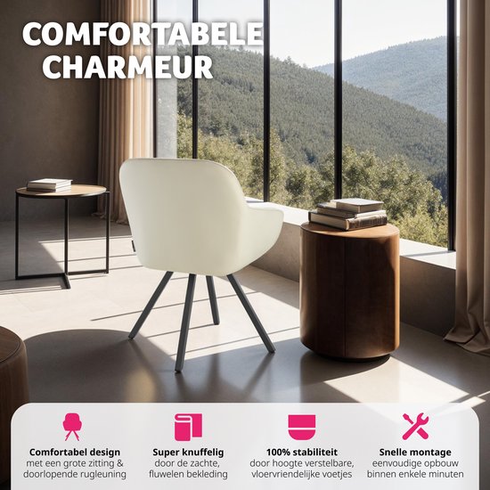 tectake Eetkamerstoel – Draaibaar met Armleuningen & Fluwelen Bekleding – 58 x 58 x 82 cm – Crème