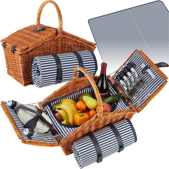 tectake® complete Picknickmand Set Vlieland - Luxe 23-delige Picknick set voor 4 personen - Rieten Picknick Mand met Picknickkleed - Inclusief Koelvak, Set met Borden, Kunststof Wijnglazen en Roestvrijstalen Bestek