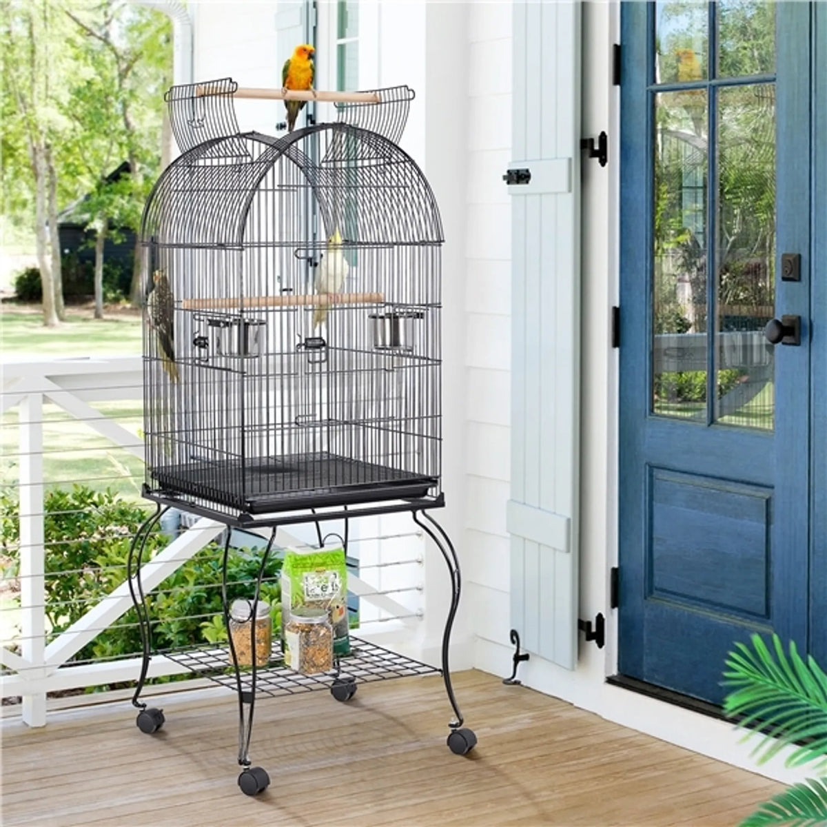 Yaheetech Vogelkooi - Parkieten en Papegaaien - 59,5x59,5x150 cm - Verrijdbaar - Afneembare Standaard - Zitstokken - Zwart