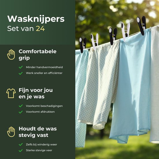 Gandria Wasknijpers 24 Stuks - Kunststof Wasknijpers - Set van 24 Plastic Knijpers - Wasrek Knijpers 10 Kg - Zwart/Wit en Wit/Zwart