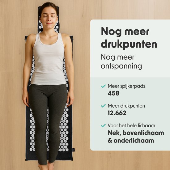 LifeGoods Acupressuur Mat XL - met Kussen - Shakti mat - Spijkermat Incl. 2x Triggerpoint Bal - 128x48x2cm - Zwart/Wit