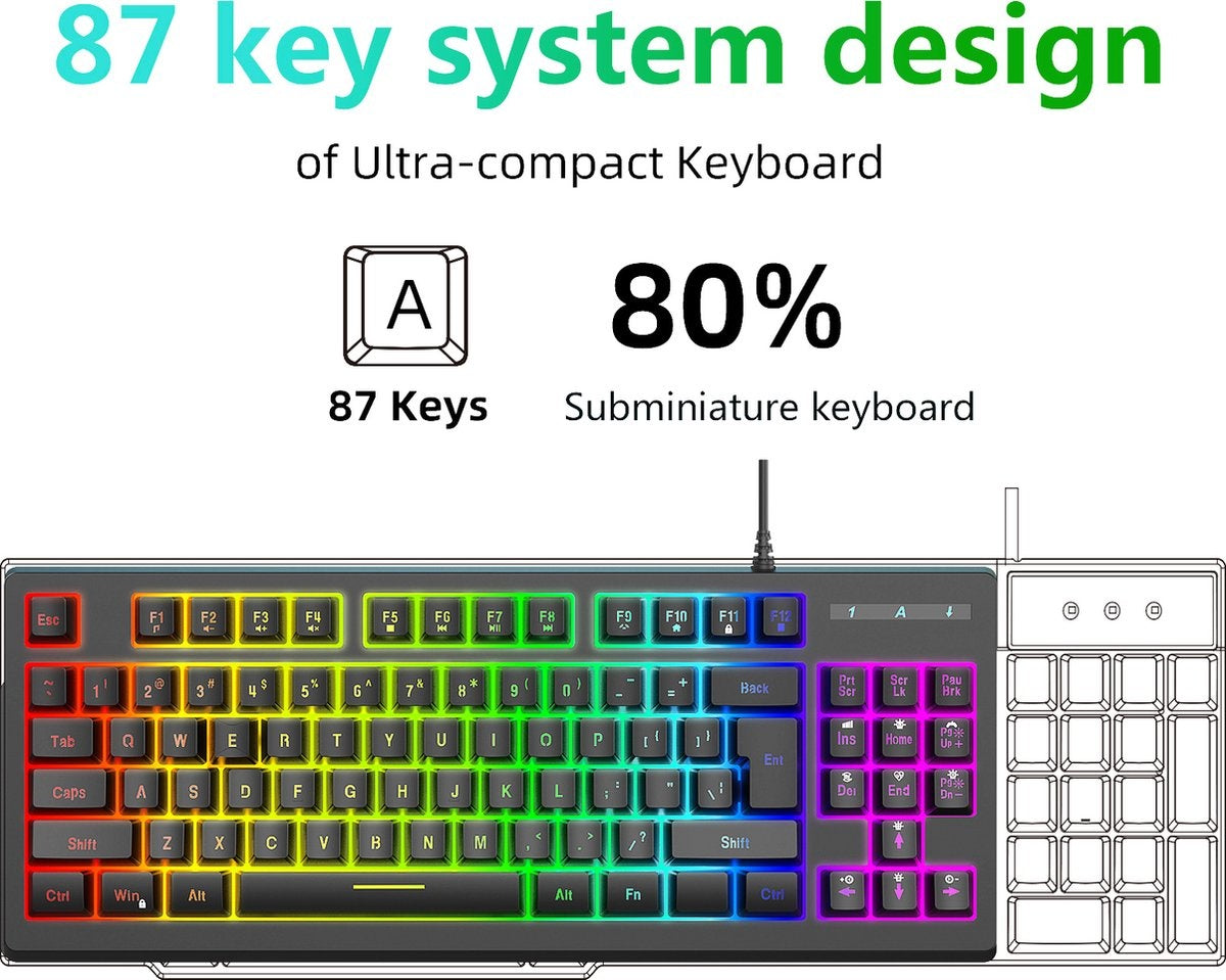 Fuegobird V100 Bedraad Gaming Toetsenborden - Membraan Toetsenbord - RGB Verlichting - TKL - 87 keys - Zwart
