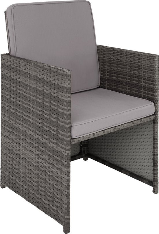 tectake® - wicker zitgroep, 5-delige lounge tuinmeubelset met tafel, fauteuil en kruk, eetgroep voor maximaal 4 personen, tuin- en balkonmeubilair inclusief kussens – grijs - poly-rattan