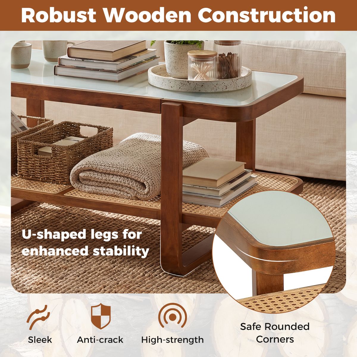 Coast Salontafel - dubbel-laags ontwerp - veiligheidsglas en riet - walnoot - 105 x 50,5 x 45 cm