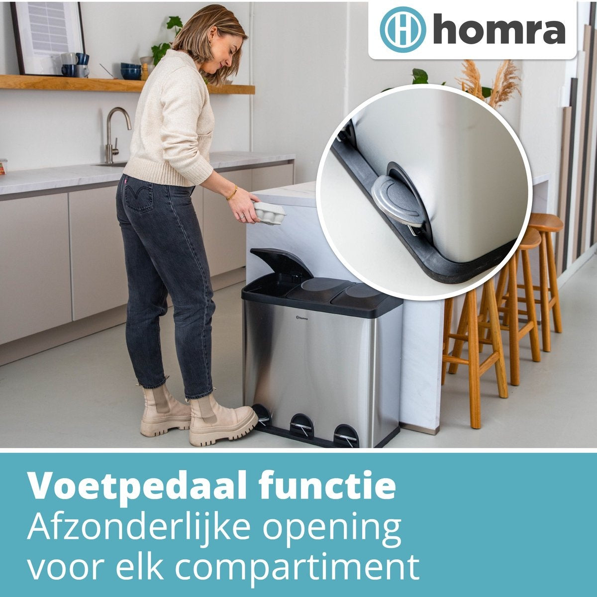 Homra Maxer Pedaalemmer 60 Liter - RVS Prullenbak 3 vakken - Trio Prullenbak 3 X 20 Liter - Prullenbak Afvalscheiding - Vuilnisbak voor huishouden en kantoor - Recycle Vuilbak keuken Afvalemmer Zilver - Afvalscheidingsprullenbakken