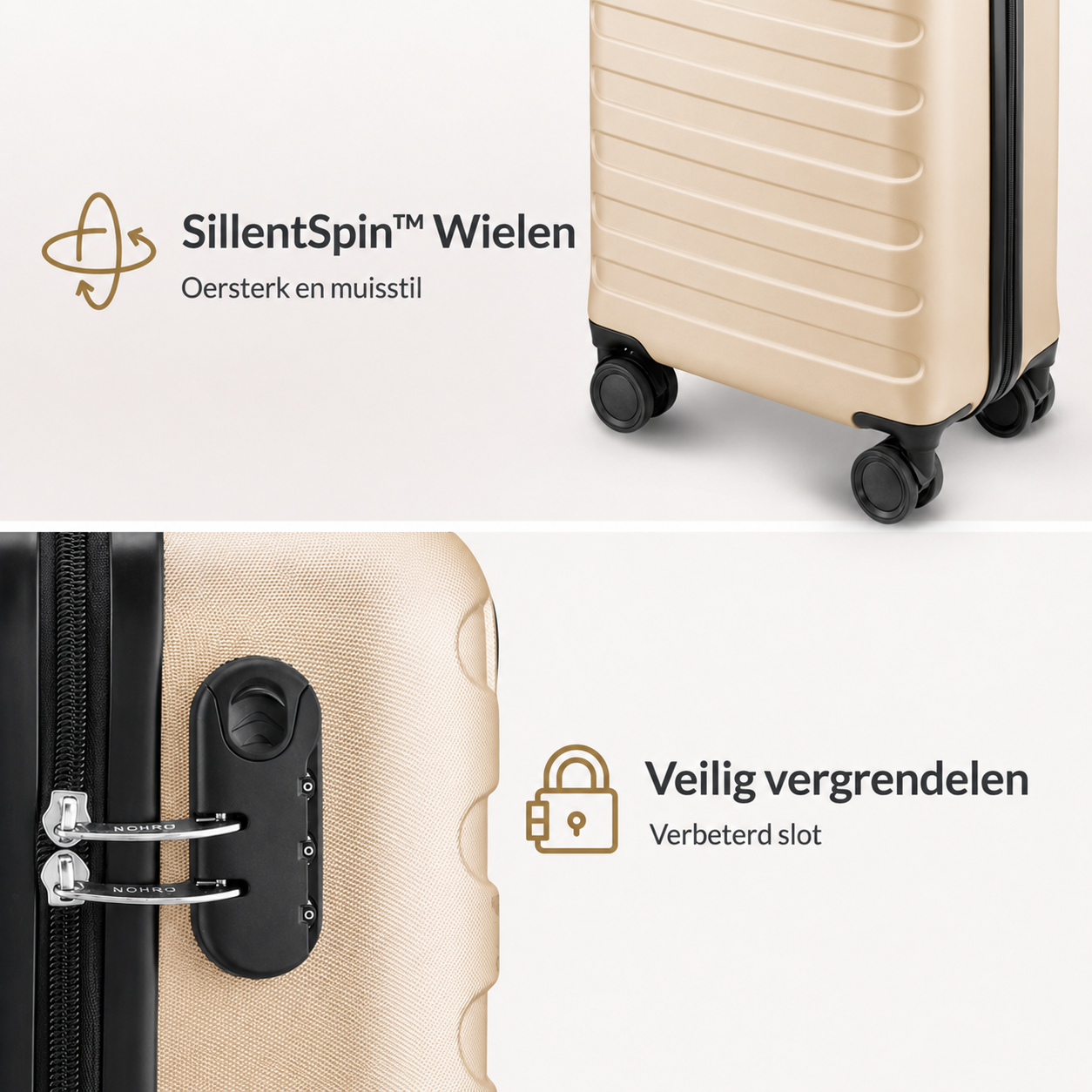 NOHRD Handbagage Koffer - 38 L - Champagne - Reiskoffer - 55x35x20 cm - Trolley - Lichtgewicht - Incl. Slot
