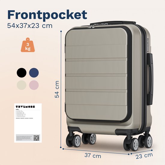 TRVLMORE Reiskoffer - 54x37x23 cm - Met Voorvak - 44L - TSA-slot - 4 Wielen - Champagne