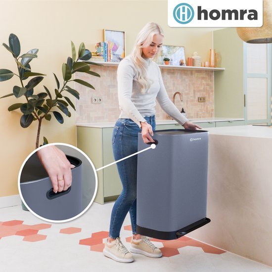 Homra Rockx Pedaalemmer 60 Liter - Duo Prullenbak 2X30L met Geurfilter - RVS Afvalscheidingsprullenbak 2 Vakken - Recycle Afvalbak - Vuilnisbak Keuken afval scheiden - Afvalemmer - Dubbele Prullenbak Grijs