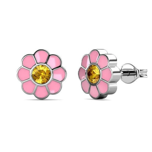 Yolora Kids Roze Bloemen Oorbellen - Kalpa Camaka Kristallen - 18K Witgoud Verguld - Kind - Meisjes Oorknopjes Zilver kleurig - Sieraden Kinderen - Luxe Giftbox - Geschenkdoos - Cadeau doos - Geschenkverpakking - Mooie Cadeauverpakking