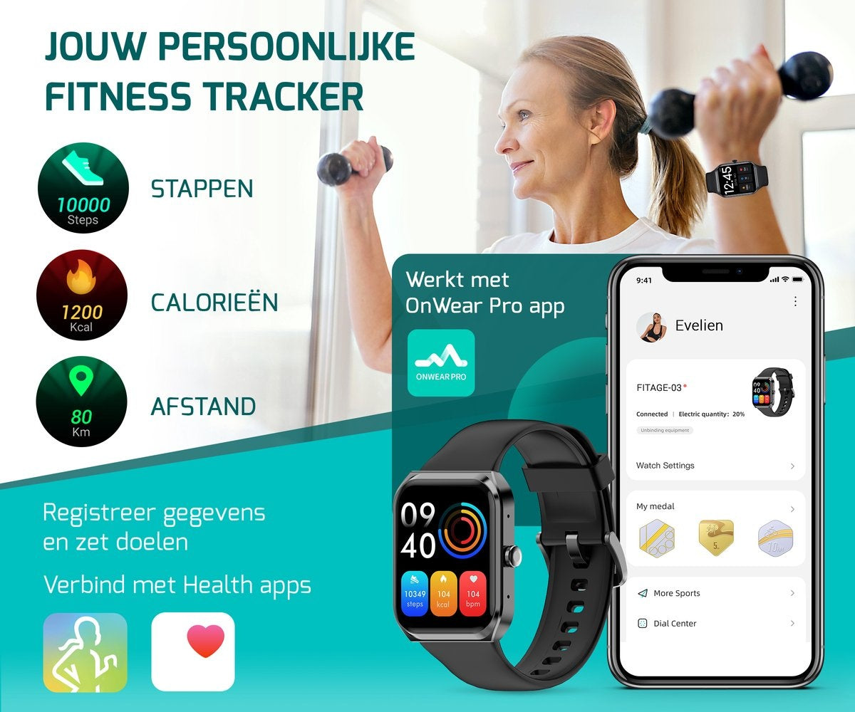 FITAGE Smartwatch - Smartwatches - Stappenteller - Sporthorloge - Smart watch - Activity Tracker - Dames en Heren - Zwart