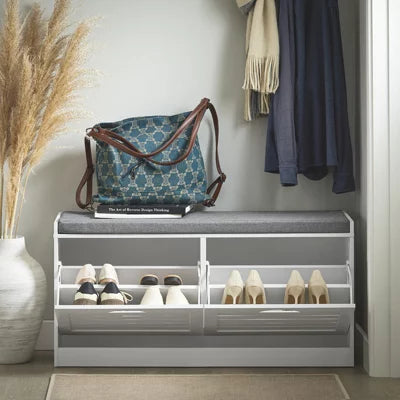 SoBuy Schoenenkast met Zitkussen - 2 Kleppen - 94 x 30 x 47 cm - Wit