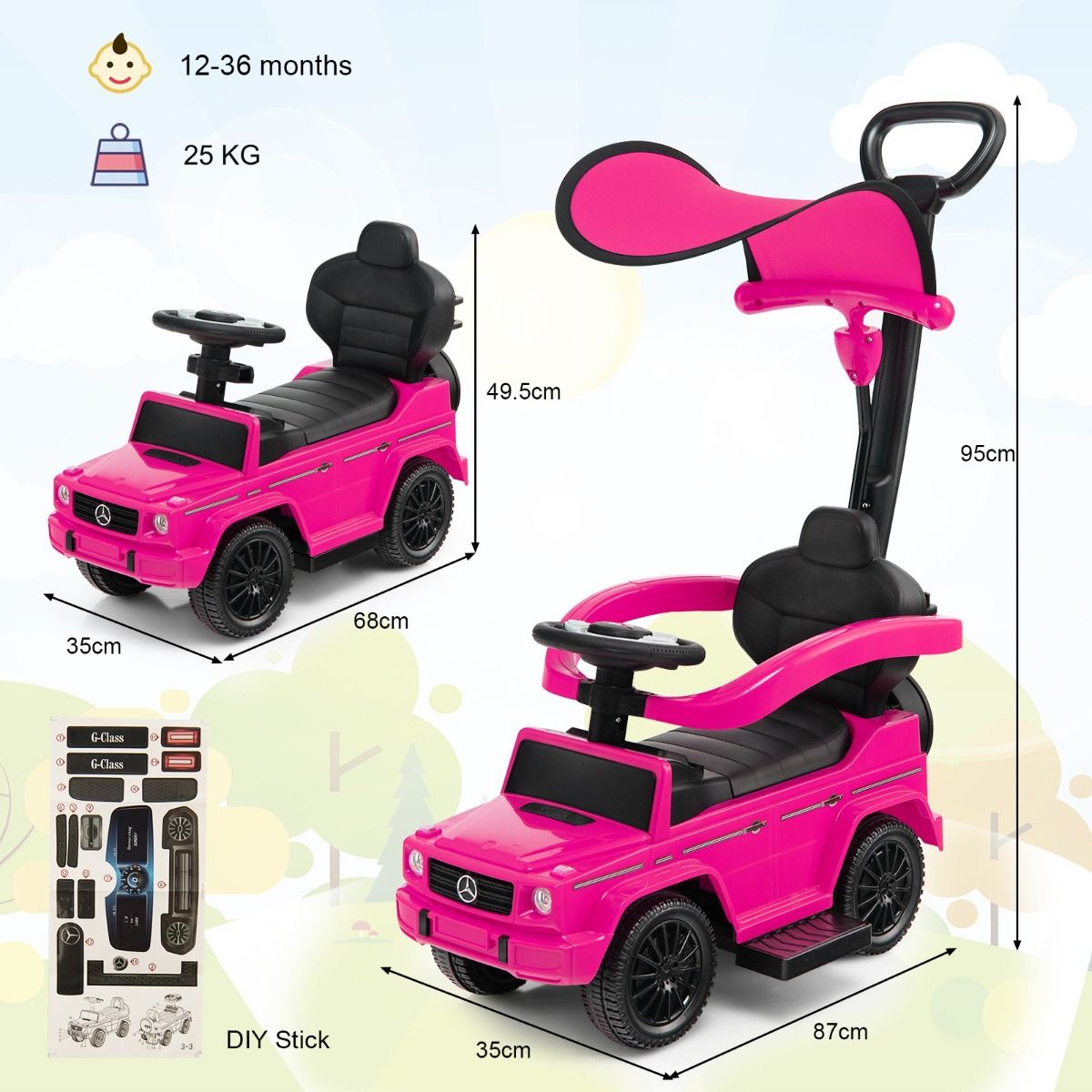 Coast Mercedes Benz loopauto voor kinderen - 3-in-1 kinderwagen en rollator - verstelbare zonnekap - roze