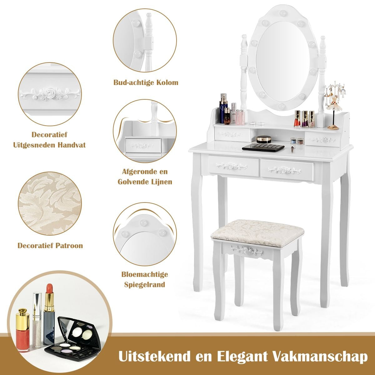 Coast Klassieke Kaptafel met Krukje - LED Lampen - Make up Tafel - 75 x 40 x 146cm - Wit