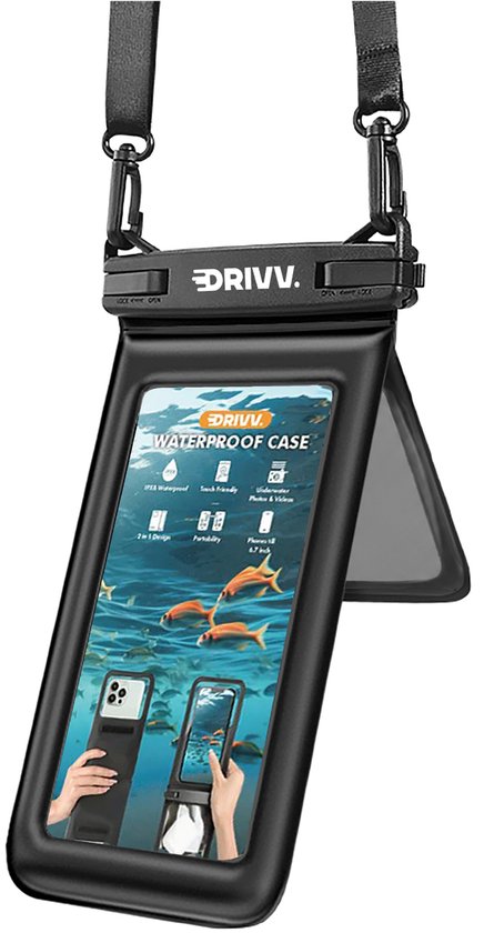 Drivv Luxe Waterdicht Telefoonhoesje 2-in-1 - Drijvend - Dubbele Klipsluiting - Voor Telefoons tot 7 Inch - Zwart