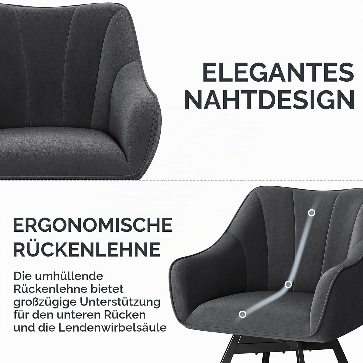 Yaheetech Eetkamerstoel Draaibaar 360° met Armleuningen - Fluweel - 55x58,5x82 cm - Donkergrijs