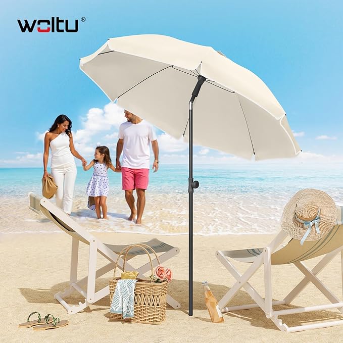 Woltu Balkonparasol Ø155 cm - Beige - UPF 50+ UV-Bescherming - In Hoogte Verstelbaar & Kantelbaar - Draagbare Parasol voor Balkon, Tuin en Strand