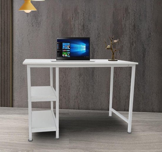 Bureau computer tafel - met opbergplanken - wit metaal hout - 110 cm breed