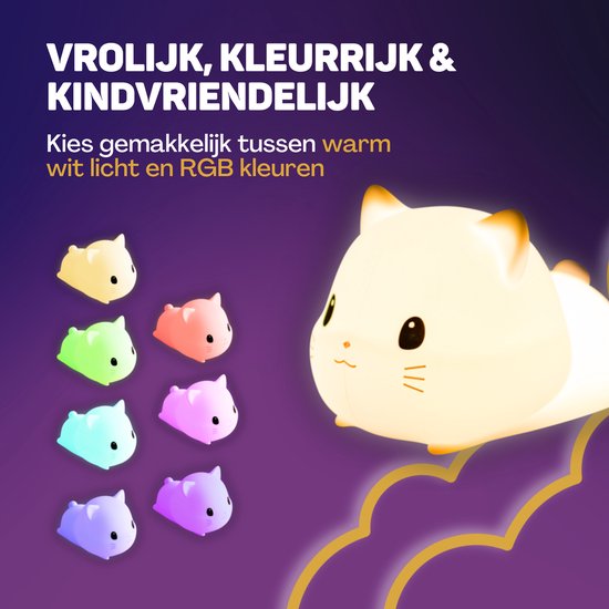 Vulpes Goods® Nachtlampje Kinderen - LED Licht & 8 Kleuren – Nachtlampje Babykamer – Poes – USB-Oplaadbaar – Dimmer – Timer – Draadloos - Kindvriendelijk