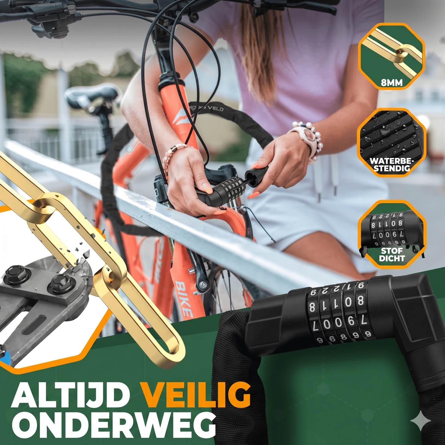 MIVELO Fietskettingslot met Cijfercode – 100 cm – Carbonstaal – Waterbestendig – Zwart