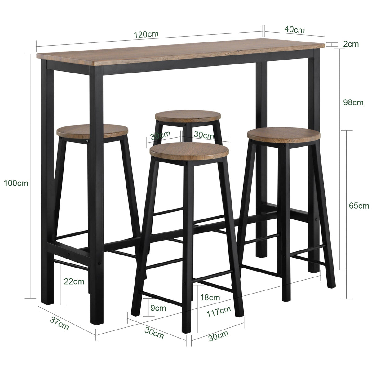 SoBuy Bartafel met 4 Krukken - Max. 150 kg - Industrieel - 120 x 40 x 100 cm - Bruin / Zwart