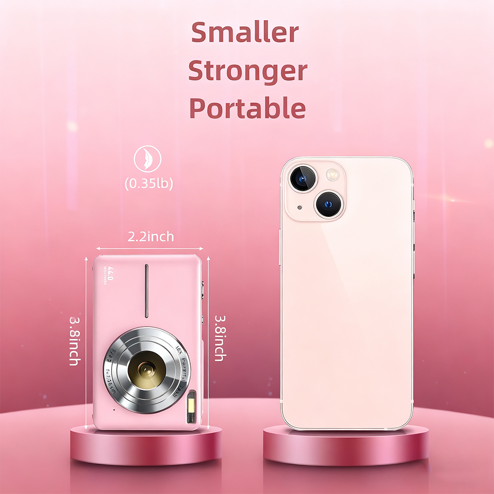 Songdian compacte camera 4K 44 MP voor fotografie en video, 16x zoom - roze