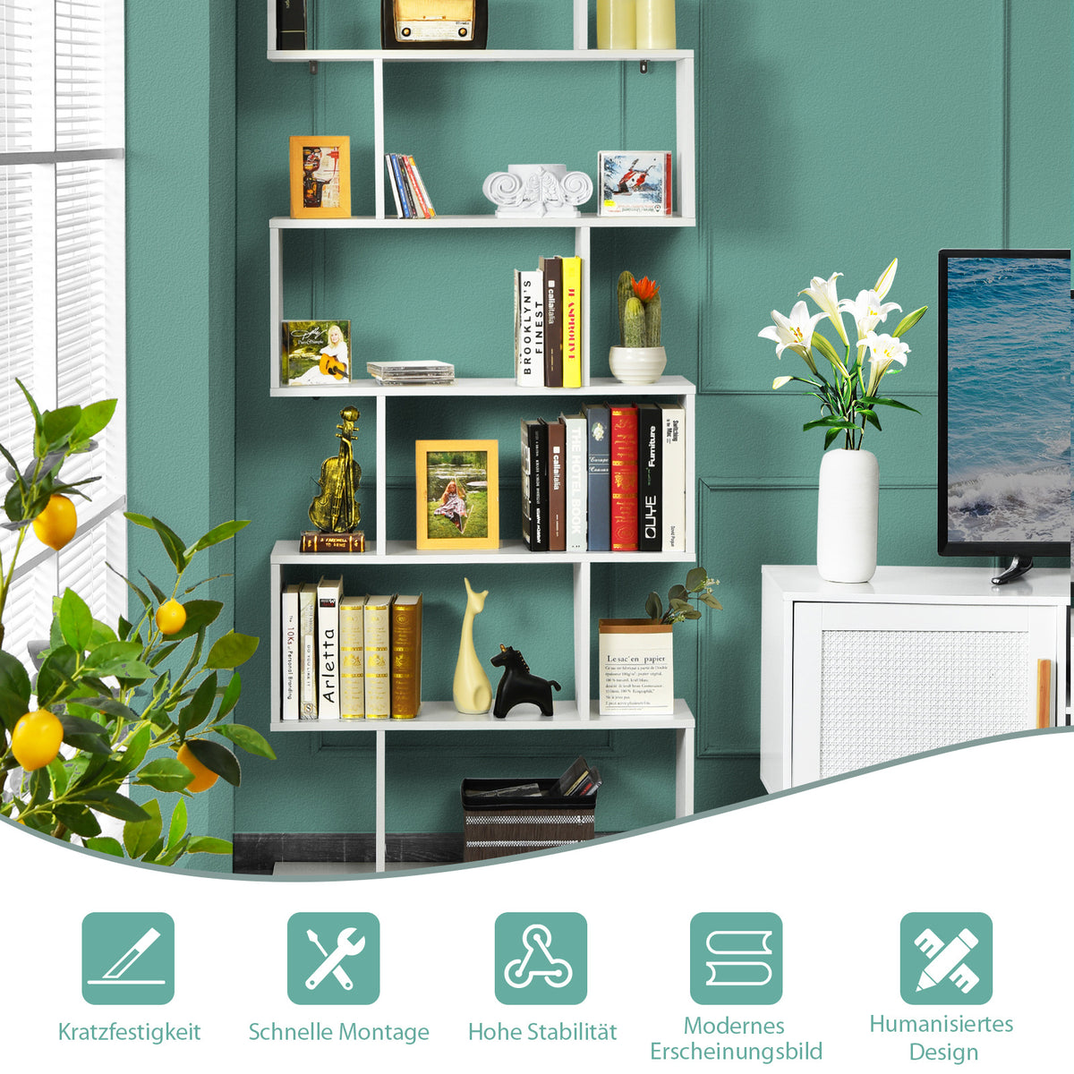 Coast 6- Level S-Shape Boekenkast - 80 x 23 x 191 cm - Wit