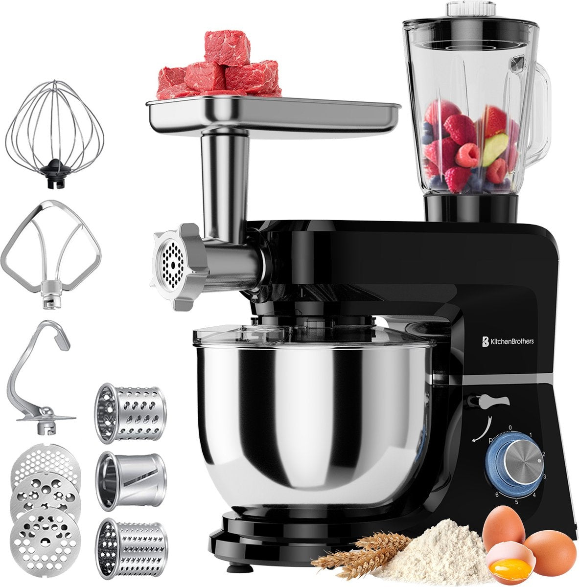 KitchenBrothers Keukenmachine – Incl. Accessoires – 1500 W – 6.2 L – 39,5 × 21,4 × 34,1 cm – Zwart