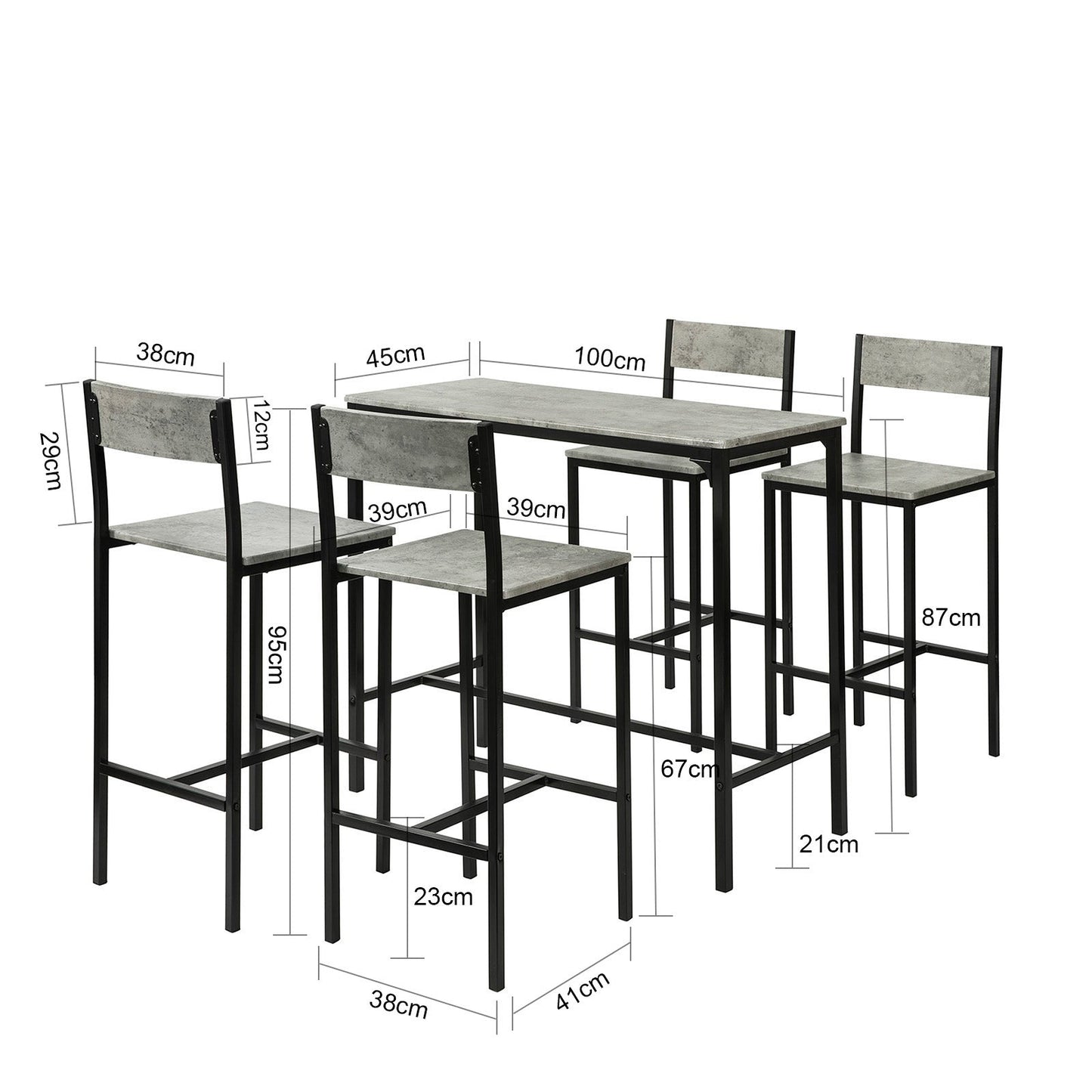 SoBuy Bartafel + 4 Krukken met rugleuning - Modern - max. 120 kg - Grijs / Zwart