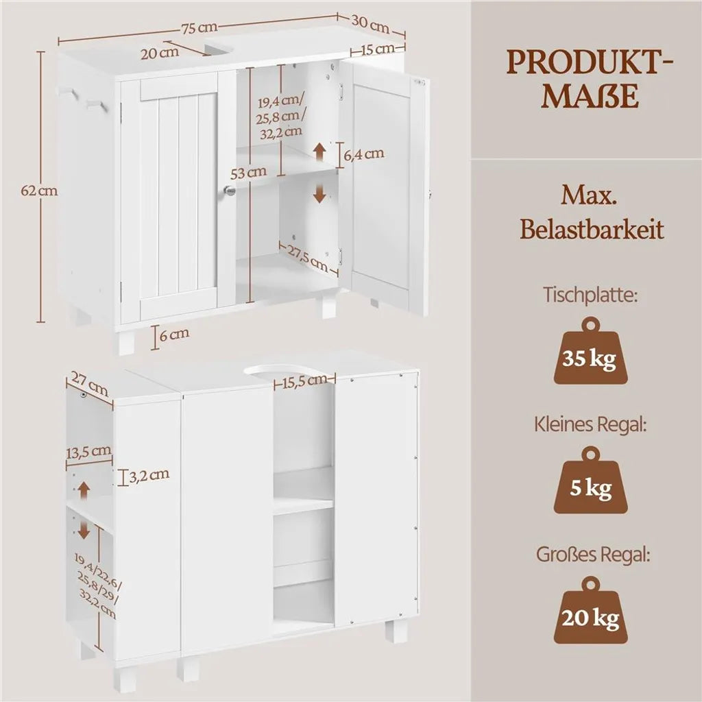 Yaheetech Wastafelonderkast 75 x 30 x 62 cm – Wit – Met 4 Vakken, Open Planken en Handdoekhouder