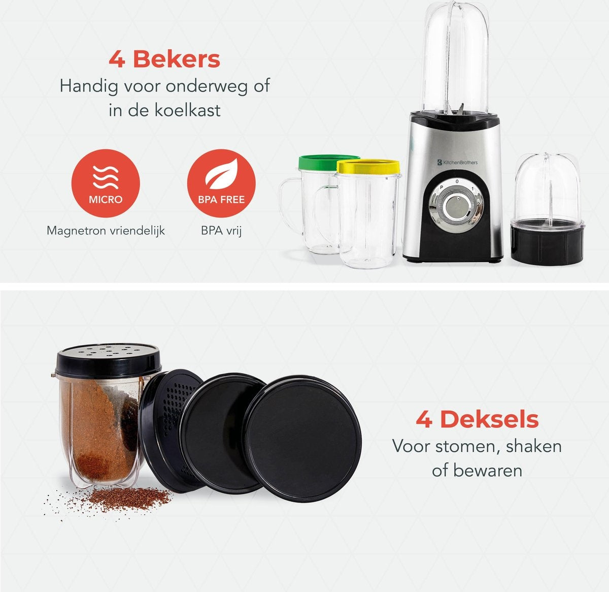 KitchenBrothers Smoothie Blender - 2-in-1 Mini Blender - 4 Bekers - Zilver