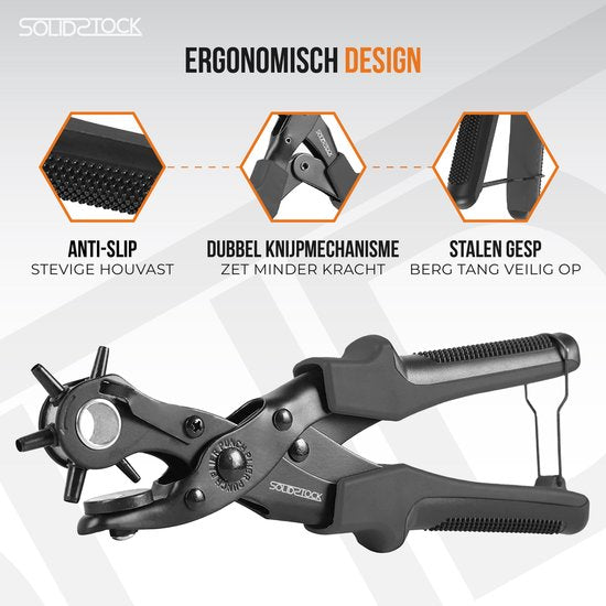 SolidStock Professionele Gaatjestang voor riem - Inclusief Meetlat - Ponstang - Revolvertang - Zwart