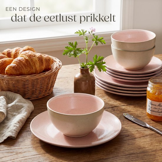 tectake® Serviesset Mare - 24-delig - Aardewerk met Glanzend Glazuur - 6 Persoons - Handgemaakt Servies - Moderne Bordenset met Grote en Kleine Borden, Kommen, Schaaltjes - Vaatwasser- en Magnetronbestendig - Roze