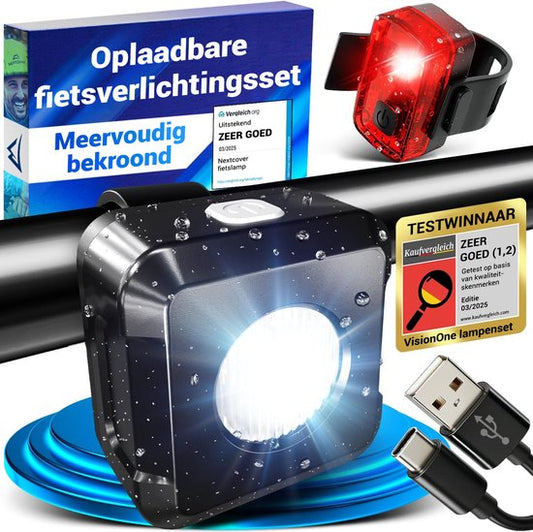 Nextcover Fietslicht Voor en Achter | Fiets Licht USB-C Oplaadbaar & IPX4 Waterdicht | Fietsverlichting Set met 6 Uur Accuduur | Voorlicht en Achterlicht | Fietslamp LED Wit en Rood | Fietslampjes voor alle Fietsjes | Fiets Lamp