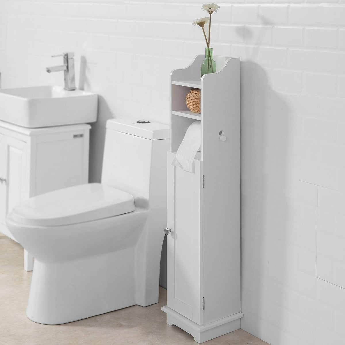 SoBuy Toiletkast met WC-Rolhouder - Wit - 20x100x18 cm