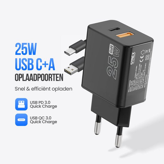Strex USB-C & USB-A Snellader 25W - GaN Oplader met PD 3.0 & QC 3.0 - Inclusief USB-C Kabel - Zwart
