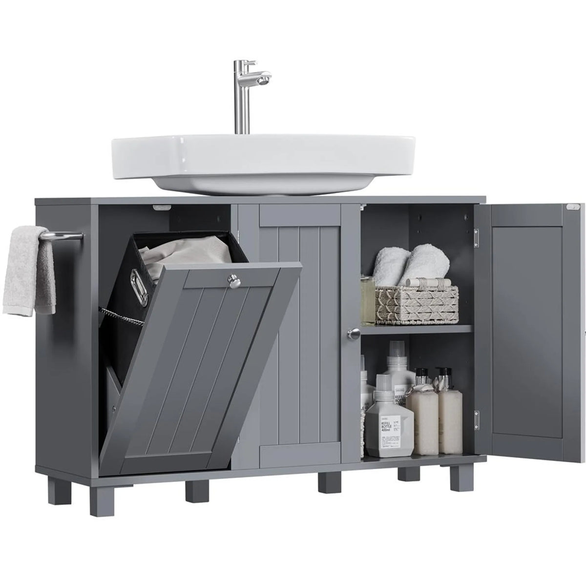 Yaheetech Wastafelonderkast met U-uitsparing en Wasmand 90x30x62,5 cm – Donkergrijs – MDF en Metaal