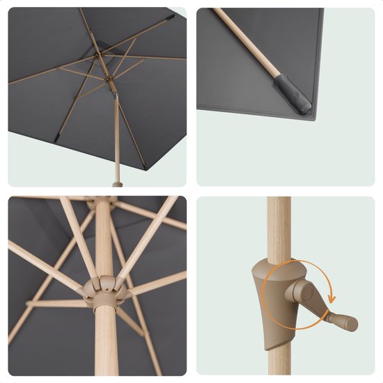 LifeGoods Parasol - Tuin - 270x180cm - 30° Kantelbaar - Waterdicht - UPF50+ - Houtkleurige coating - Donkergrijs