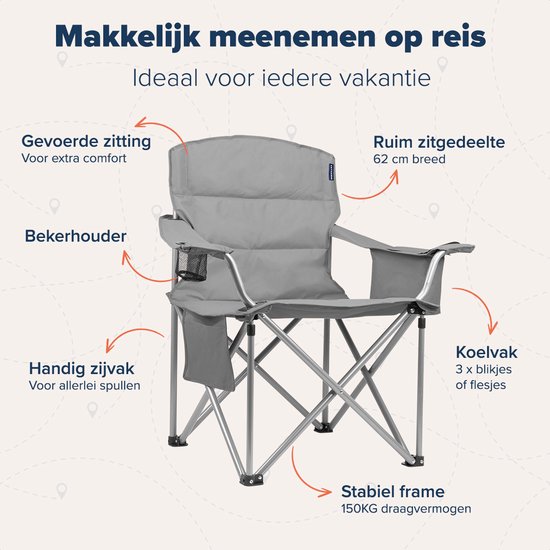 TRVLMORE Campingstoel - Opvouwbaar - XL - Comfortabele Vouwstoel - 150 kg draagvermogen - Drankhouder - Koelvak - Visstoel - Grijs