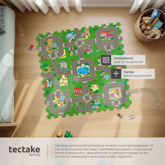 tectake® - Speelkleed - Speelmat foam - Speeltapijt baby - Stad en Wegen - 90 x 90 cm - 9-delige Puzzelmat - Antislip - Geluidsdempend en vochtwerend